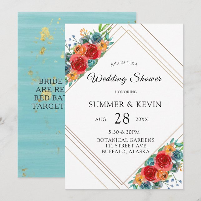 Teal Red Orange Watercolor Roses Wedding Shower Invitation (Front/Back)