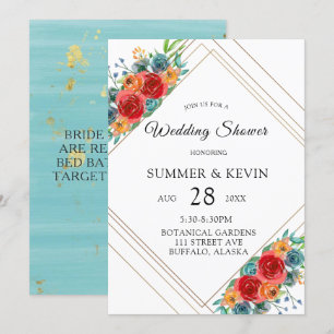 Teal Red Orange Watercolor Roses Wedding Shower Invitation