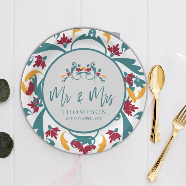 Teal Red Ornamental Mr Mrs Name Wedding Party Paper Plate (Teal Red Ornamental Mr Mrs Name Wedding Party Paper Plates)