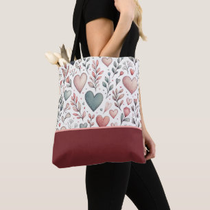 Teal, Red, Pink Hearts and Flowers, Color Block Tote Bag