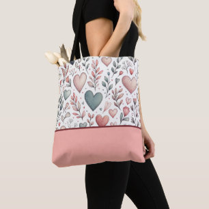 Teal, Red, Pink Hearts and Flowers, Colour Block Tote Bag