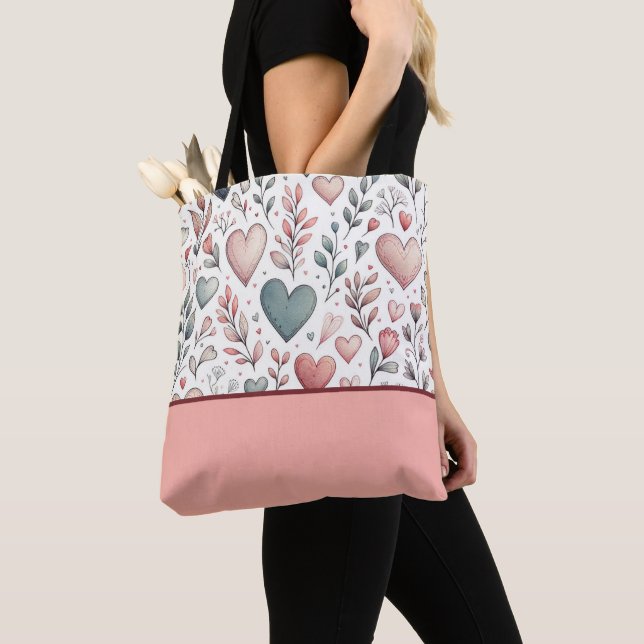 Teal, Red, Pink Hearts and Flowers, Colour Block Tote Bag (Close Up)