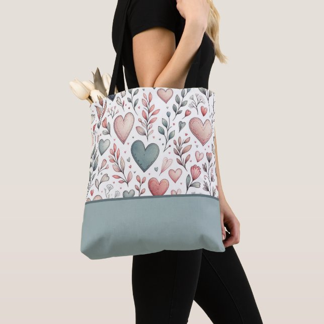 Teal, Red, Pink Hearts and Flowers, Colour Block Tote Bag (Close Up)