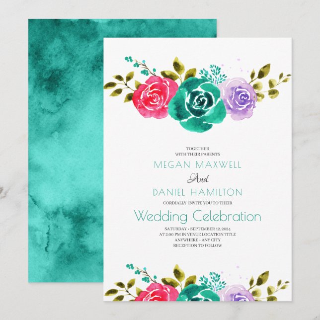 Teal Red Purple Roses Floral Wedding Invitation (Front/Back)