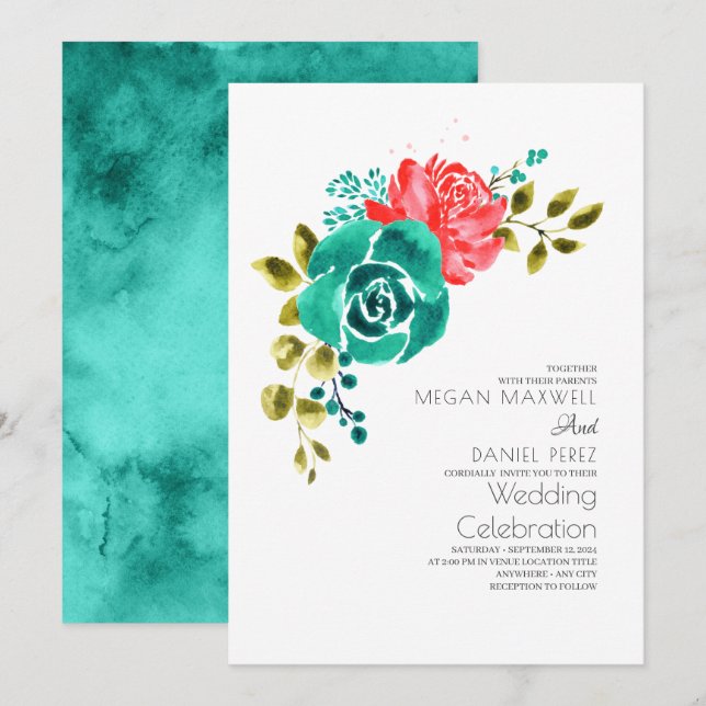 Teal Red Roses Boho Floral Wedding Invitation (Front/Back)