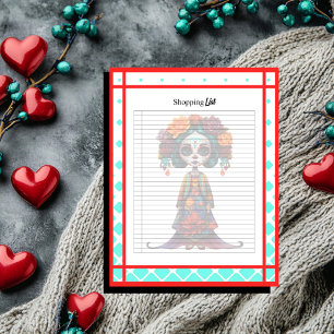 Teal Red Roses Sugar Skull Shopping List Notepad