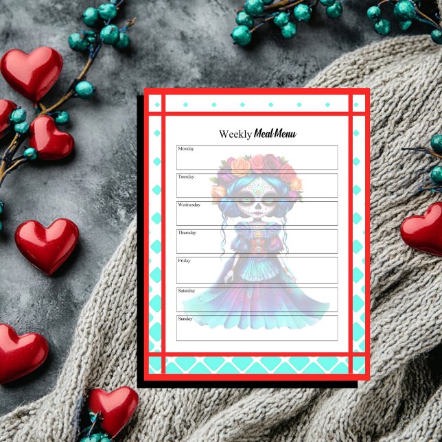 Teal Red Roses Sugar Skull Weekly Meal Menu Notepad (Creator Uploaded)
