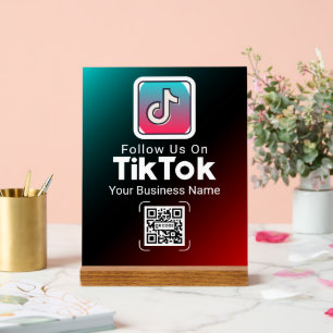Teal Red TikTok QR Code Business Name Follow Us Acrylic Sign