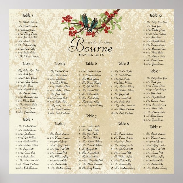 Teal Red Wedding Lovebird Seating Chart 12 Tables (Front)