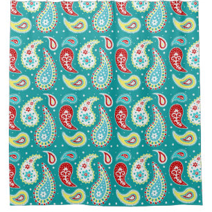 Teal Red Yellow Paisley Pattern Shower Curtain