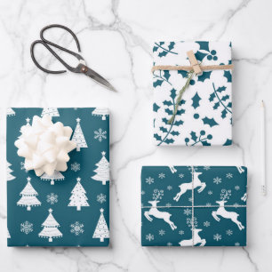 Teal Reindeer, Christmas Tree and Holly Patterns Wrapping Paper Sheet