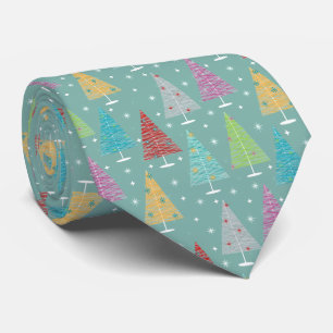 Teal Retro Christmas Trees Tie