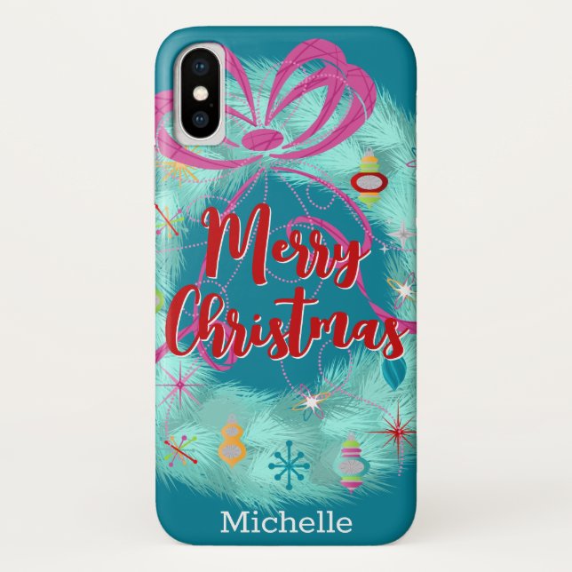 Teal Retro Christmas Wreath Case-Mate iPhone Case (Back)