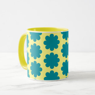 Teal Retro Flower Art on Yellow Mug Cup