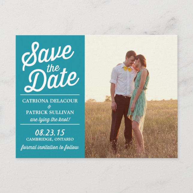 Teal Retro Script Photo Save the Date Postcard (Front)