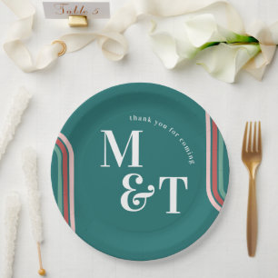 Teal   Retro Seventies Stripes   Wedding Monogram Paper Plate