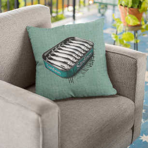 Teal Retro Style Sardine Art Funny Fish Food Cushion