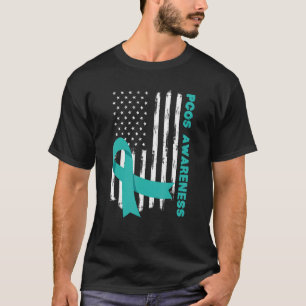 Teal Ribbon American Flag PCOS Awareness Month T-Shirt