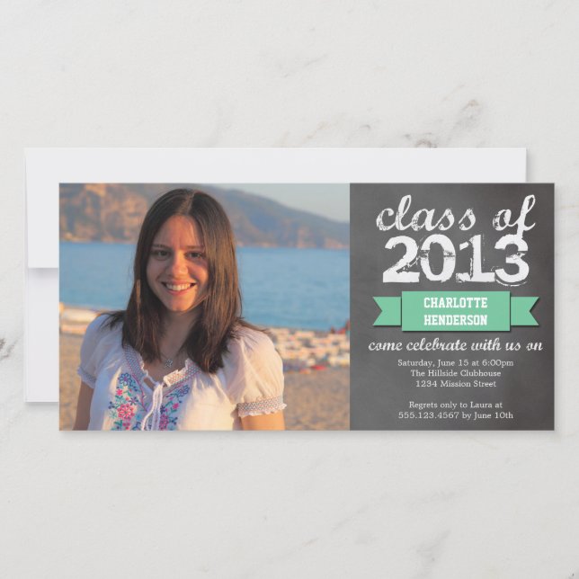 Teal ribbon banner chalkboard photo graduation announcement (Front)