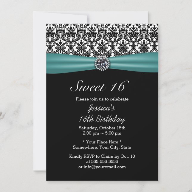 Teal Ribbon & Damask Chic Diamond Sweet 16 Invitation (Front)