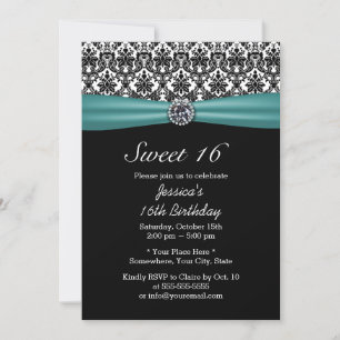 Teal Ribbon & Damask Chic Diamond Sweet 16 Invitation