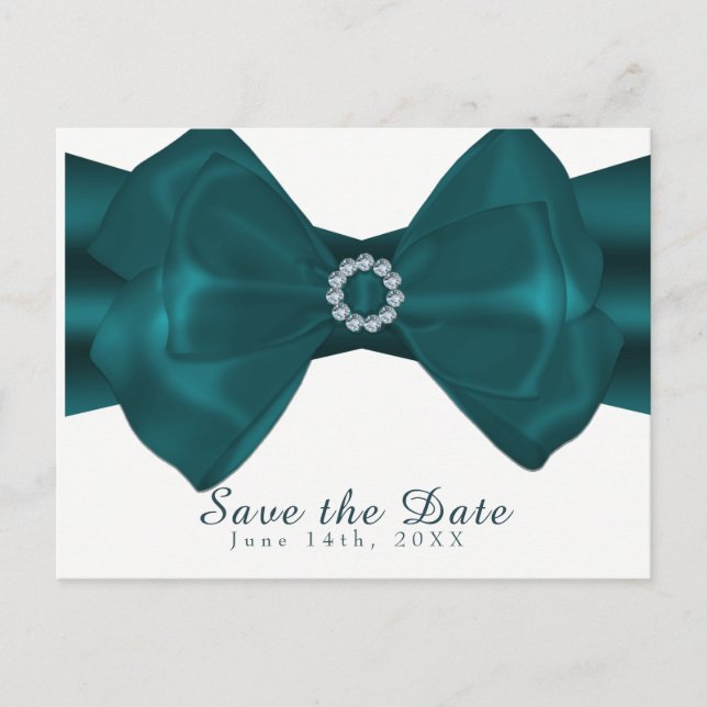 Teal Ribbon & Diamonds Elegant Glam Save the Date Announcement Postcard (Front)