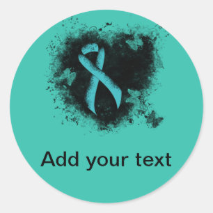 Teal Ribbon Grunge Heart Classic Round Sticker