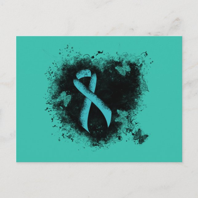 Teal  Ribbon Grunge Heart Postcard (Front)