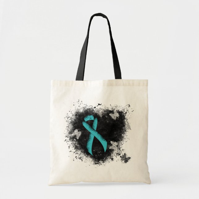 Teal  Ribbon Grunge Heart Tote Bag (Front)