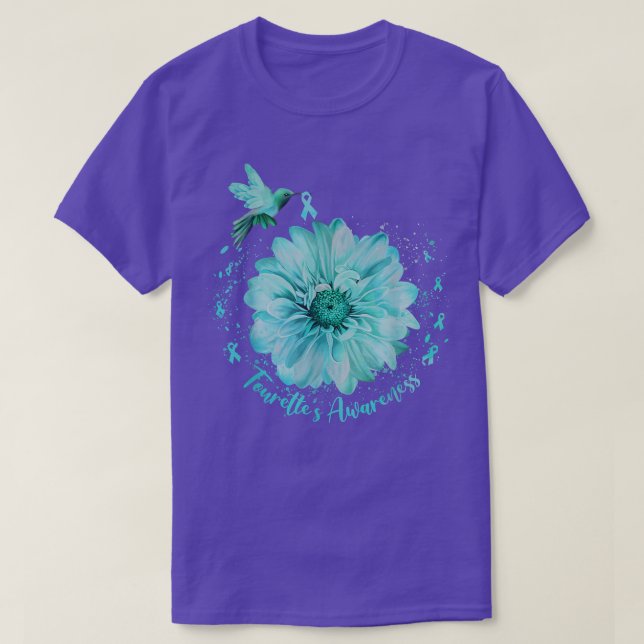 Teal Ribbon Hummingbird Sunflower Tourettes Awaren T-Shirt (Design Front)