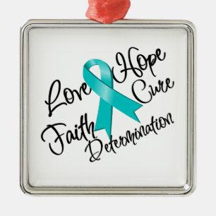 Teal Ribbon Love Hope Determination Metal Tree Decoration