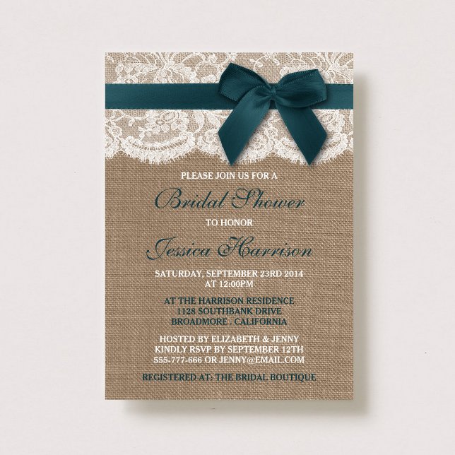 Teal Ribbon On Burlap & Lace Bridal Shower Invitation (Creator Uploaded)