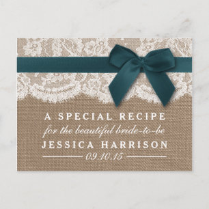 Teal Ribbon On Burlap & Lace Bridal Shower Recipe Invitation Postcard