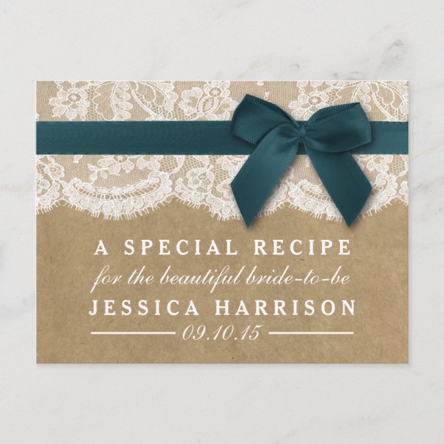 Teal Ribbon On Kraft & Lace Bridal Shower Recipe Invitation Postcard (Front)
