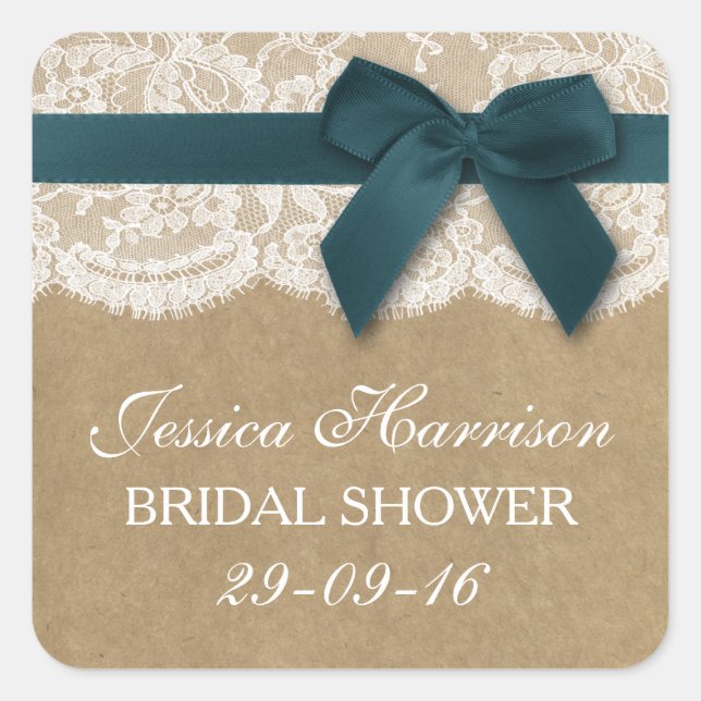Teal Ribbon On Kraft & Lace Bridal Shower Square Sticker (Front)