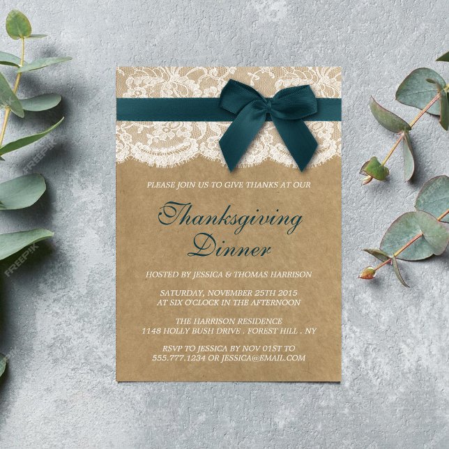 Teal Ribbon On Kraft & Lace Thanksgiving Dinner Invitation (Creator Uploaded)