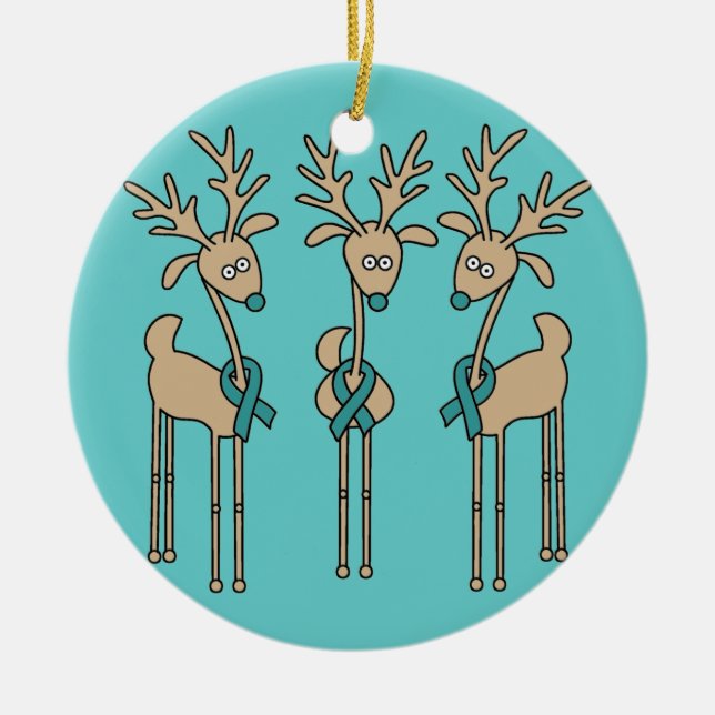 Teal Ribbon Reindeer (Ovarian Cancer) Ceramic Tree Decoration (Front)