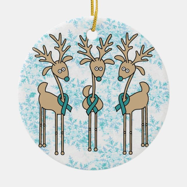 Teal Ribbon Reindeer (Ovarian Cancer) Ceramic Tree Decoration (Front)