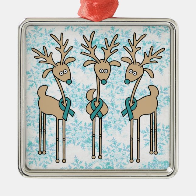 Teal Ribbon Reindeer (Ovarian Cancer) Metal Tree Decoration (Front)