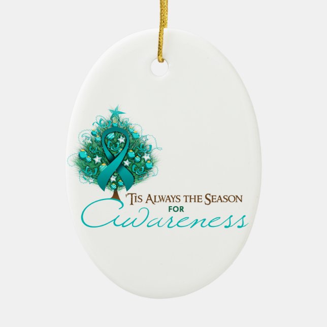 Teal Ribbon Xmas Awareness Season Ceramic Tree Decoration (Front)
