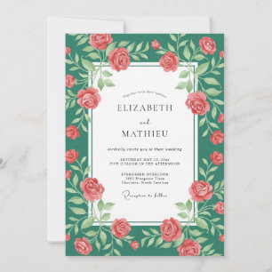 Teal Rich Burgundy Petal Wedding Invitation