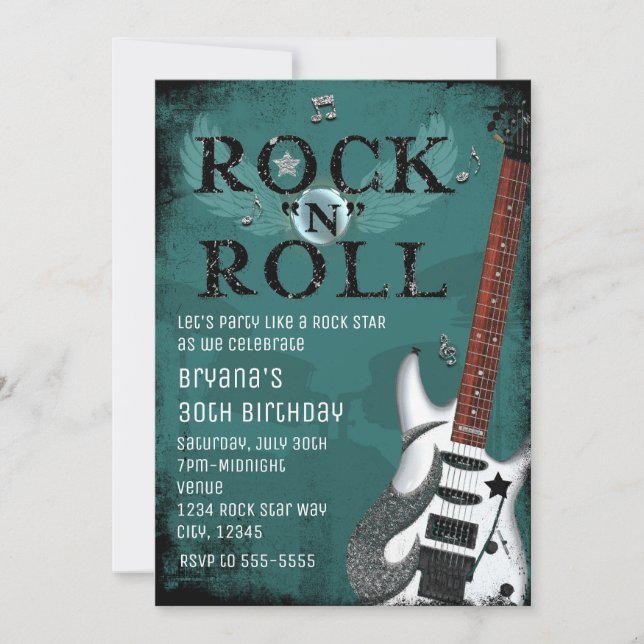 Teal Rock N Roll Star Birthday Party Invitations (Front)