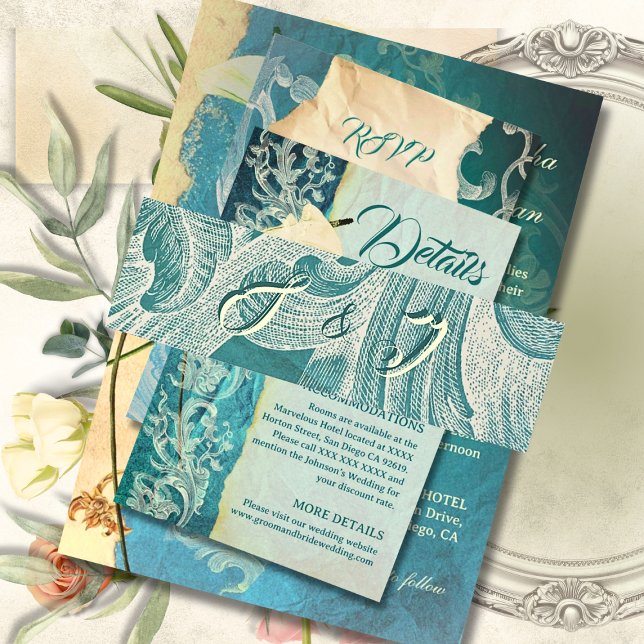 Teal Rococo Scroll with Elegant Monogram Invitation Belly Band (Creator Uploaded)