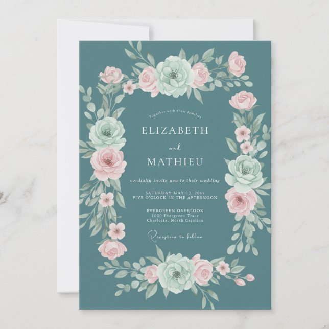 Teal Romantic Bloom Wedding Invitation (Front)