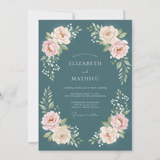 Teal Romantic Floral Bloom Wedding Invitation (Front)
