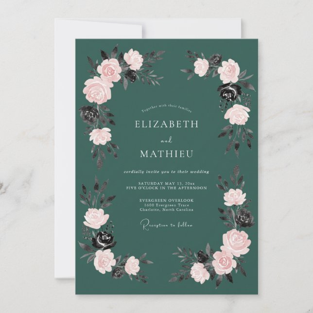 Teal Romantic Floral Wedding Invitation (Front)
