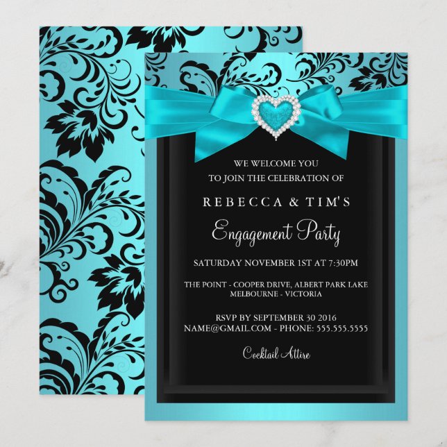 Teal Romantic Heart Engagement Party Invitation (Front/Back)