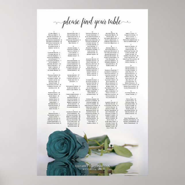 Teal Rose Alphabetical Wedding Seating Chart (Front)