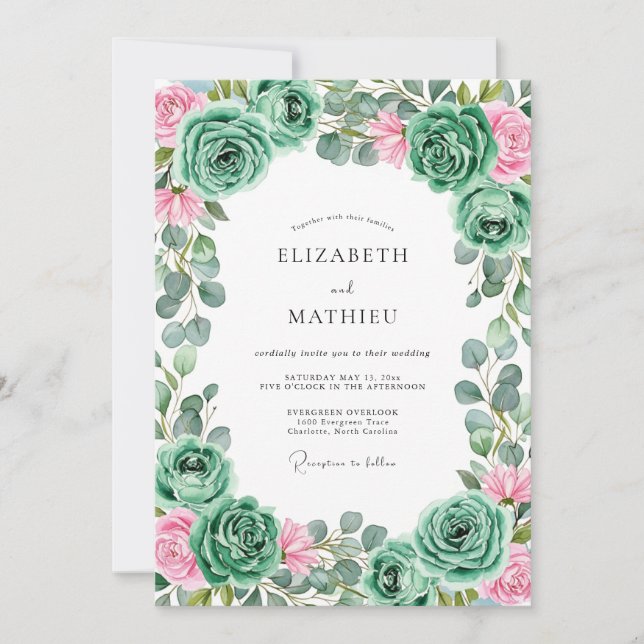 Teal Rose Bloom Romance Wedding Invitation (Front)