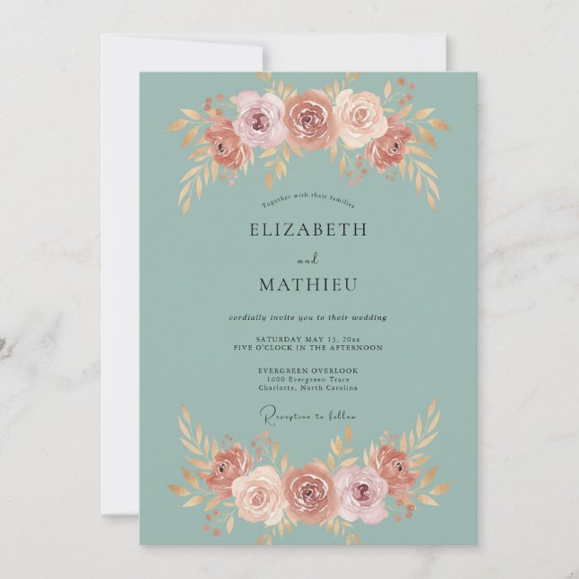 Teal Rose Blossom Wedding Invitation (Front)